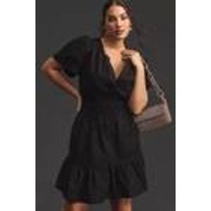 Anthropologie Somerset Mini Dress 2X Black Tiered Smocked Puff Sleeve Fit Flare